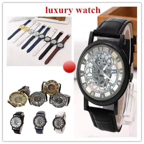 Mode squelette hommes montres Quartz Bracelet en cuir
