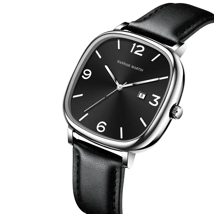 Hannah Martin Top marque montre en cuir noir mouvement à Quartz Original décontracté Style d'affaires carré mode hommes cadeau montre-bracelet