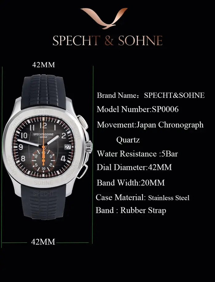 Specht & Söhne nouveau classique 5167 montre pour hommes couleur Orange saphir cristal caoutchouc Sr