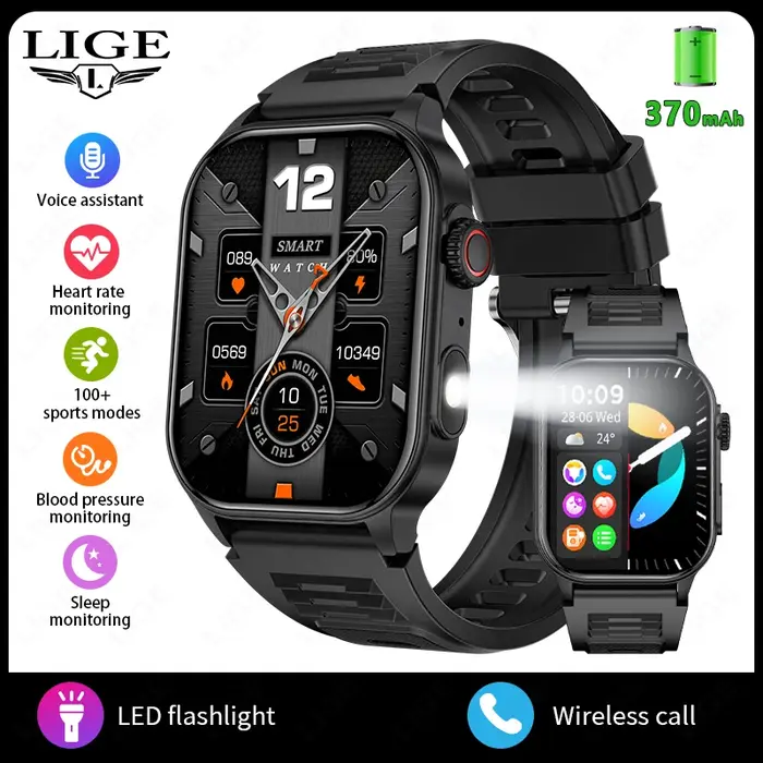 Montre intelligente étanche avec lampe de poche LED pour homme