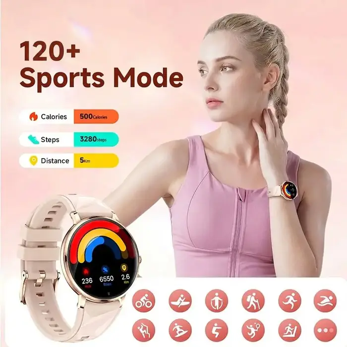 Montre connectée pour femmes 2026, écran AMOLED 1,19'', corps ultra-fin, plus de 120 modes sportifs, appels BT, suivi de la fréquence cardiaque et du sommeil, cadeau de Noël
