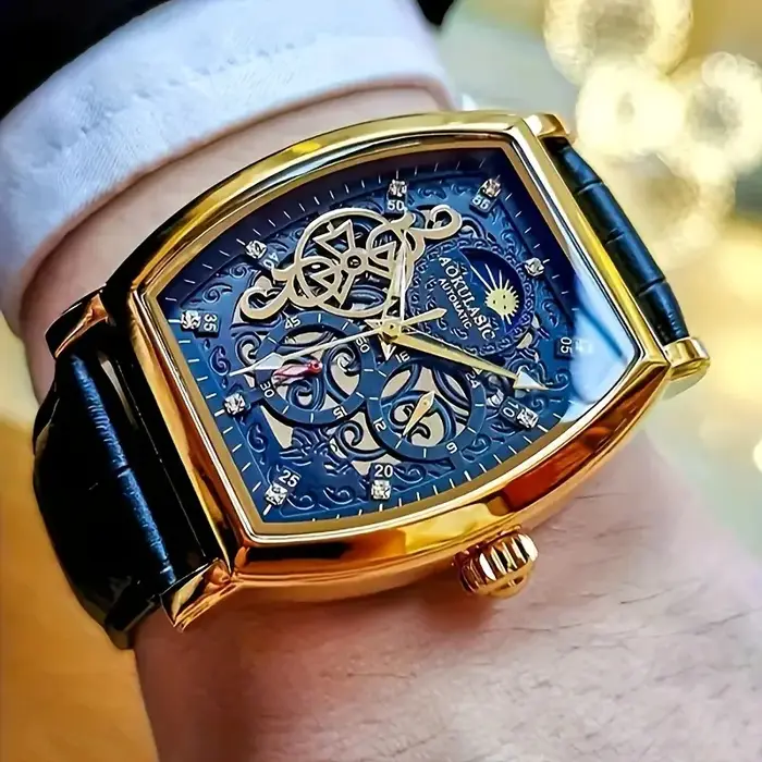 Montre mécanique automatique élégante pour homme avec tourbillon - Montre de luxe pour homme avec design squelette, bracelet en similicuir, style business casual, cadran en forme de baril - le cadeau 