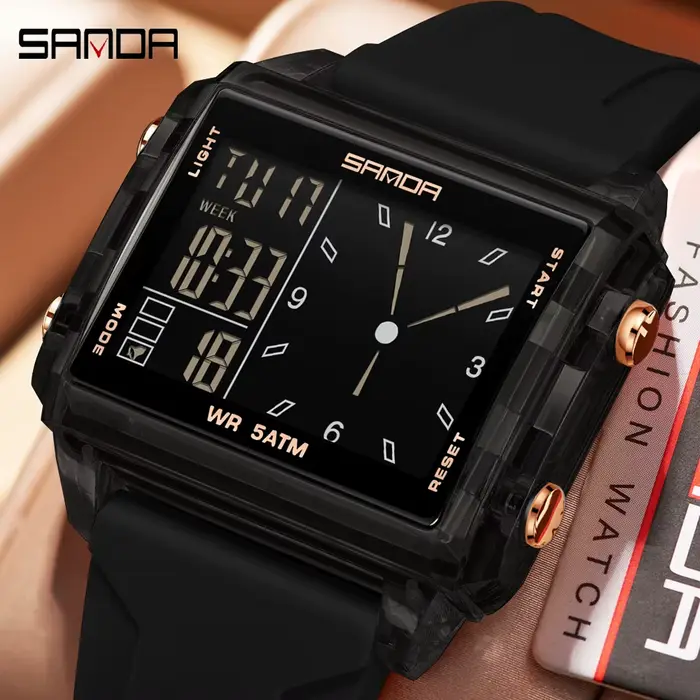 SANDA mode montre analogique électronique pour hommes femmes étanche cadran carré compte à rebours minuterie montre-bracelet numérique homme heure mondiale