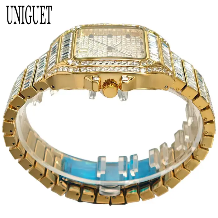 Montre en or de luxe pour hommes marque de mode UNIGUET Hip Hop pleine Baguette diamant bijoux Quartz montre-bracelet Mans Relogio Masculino
