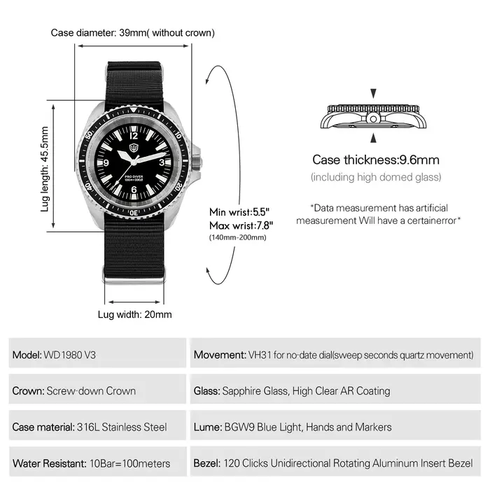 Watchdives WD1980 V3 montre de luxe VH31 balayage secondes mouvement à Quartz AR revêtement verre sa