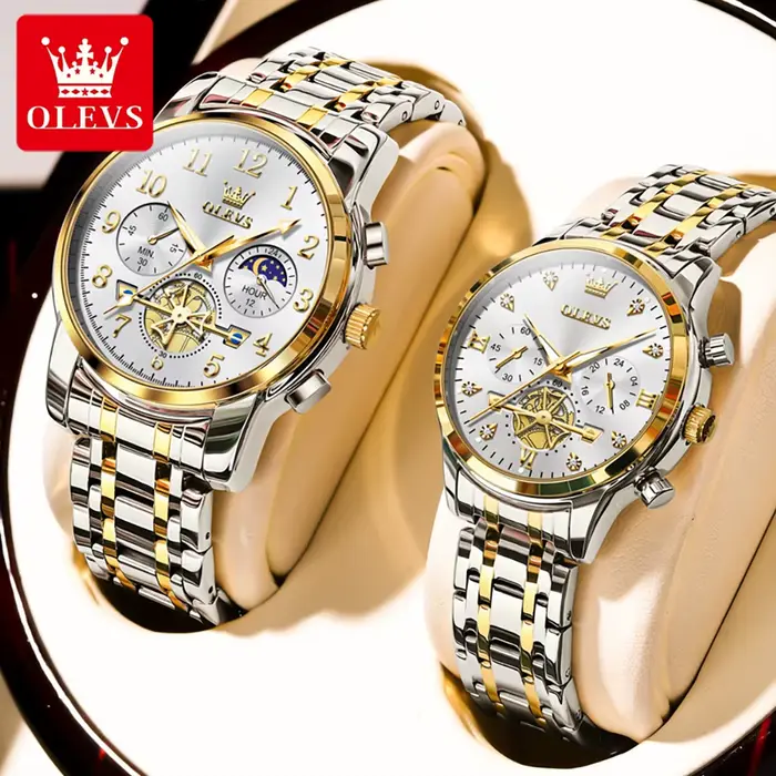 OLEVS marque 2025 nouveau luxe Tourbillon Couple montre à Quartz en acier inoxydable étanche lumineux mode Phase de lune montres amoureux