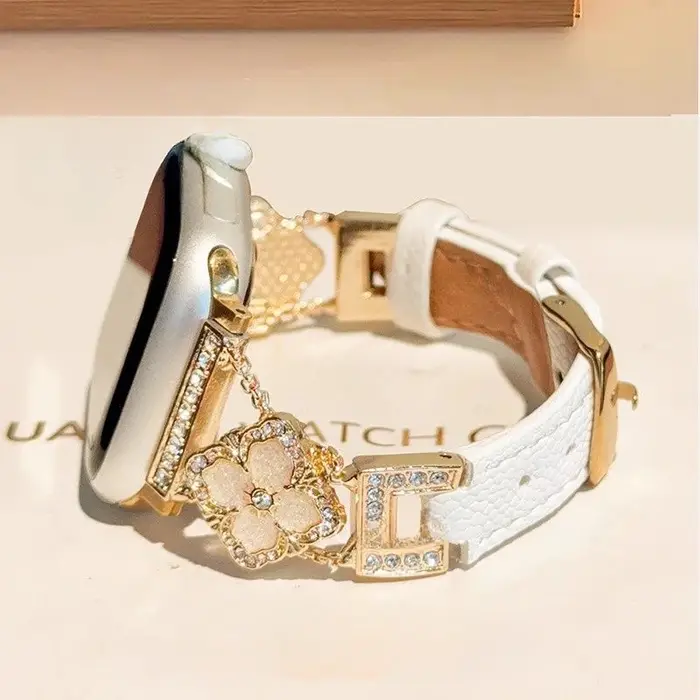 Feeling d'or cinq fleurs en cuir véritable compatible avec le bracelet iWatch 38mm 40mm 41mm 42mm 44mm 45mm 49mm