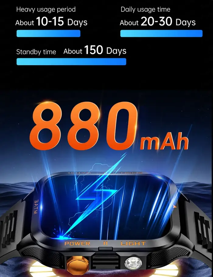 Montre connectée d'extérieur pour hommes, GPS, sport, batterie 800mAh, Bluetooth, appel, santé, écran 1.96 pouces, lampe de poche, étanche 3ATM