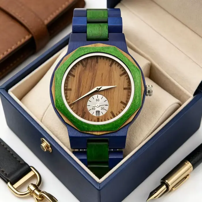 Montre bracelet homme légère en bois style quotidien tendance cadran rond double affichage heure boucle pliable montre artisanale en bois