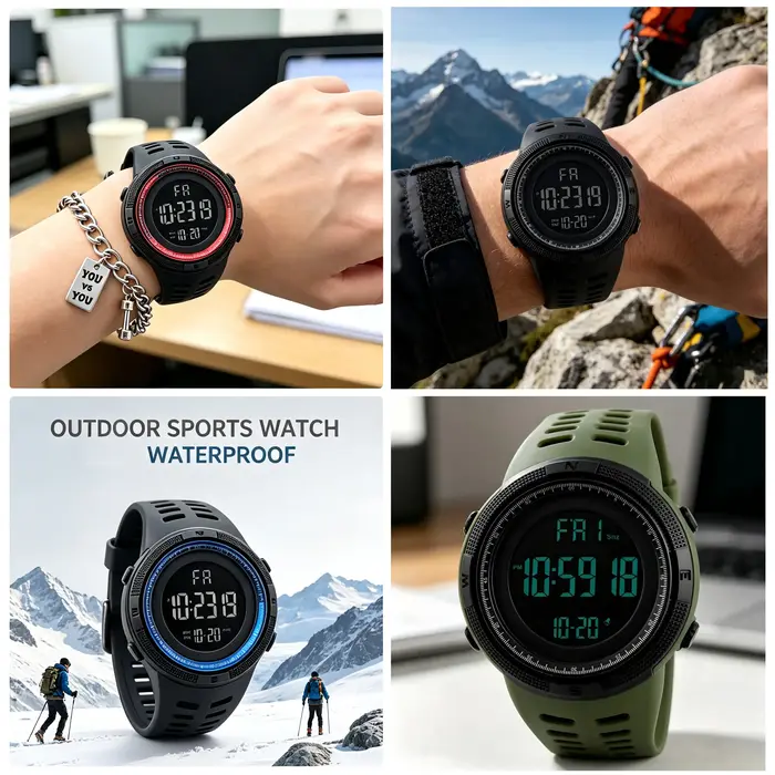 Montre de sport numérique pour hommes, étanche, décontractée, lumineuse, chronomètre, alarme, montre militaire simple pour la course, l'escalade, la pêche
