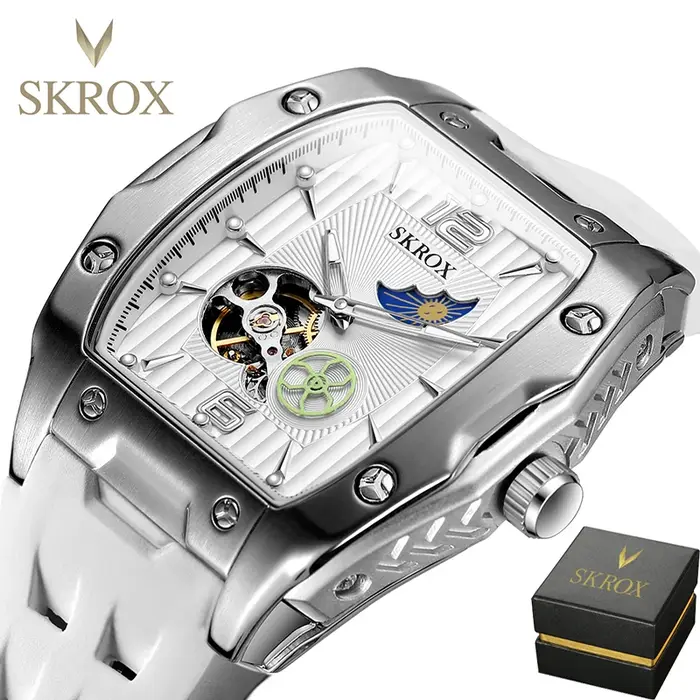 SKROX Designer luxe Phase de lune Toubillon mouvement automatique horloge mécanique haute qualité étanche Silicone montres pour hommes