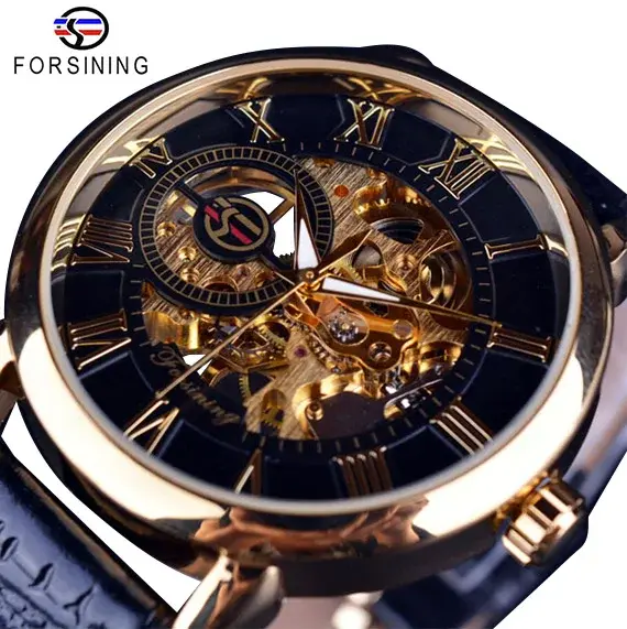 Forsining-Montre mécanique avec logo 3D pour homme, gravure creuse, boîtier noir et doré, modules en