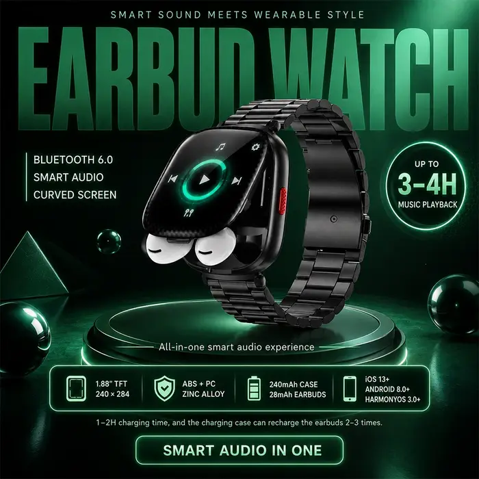 Nouvelle montre connectée avec écouteurs intégrés, écran TFT incurvé de 1,88 pouce, Bluetooth 6.0, tout-en-un, pour la musique et l'usage quotidien