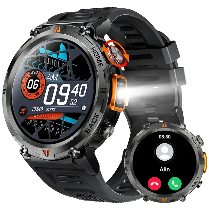 EIGIIS montre intelligente militaire pour hommes avec LED 1.45 " Smartwatch extérieur avec appels Bluetooth moniteur de fréquence cardiaque et de sommeil traqueur d'activité physique