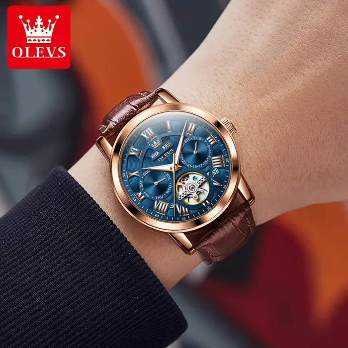 OLEVS 6668 Top marque hommes montres tendance mode automatique mécanique montre-bracelet bracelet en cuir étanche montre lumineuse pour homme