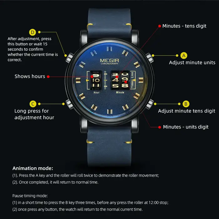 MEGIR marque de luxe hommes Sport montres décontractées bracelet en cuir numérique rouleau pointeur Quartz montre-bracelet horloge Relogio Masculino 2137