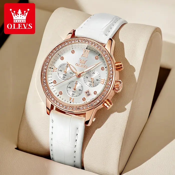 OLEVS 9933 montres pour femmes marque de luxe diamant Quartz montre-bracelet étanche lumineux bracelet en cuir multifonction dames montre