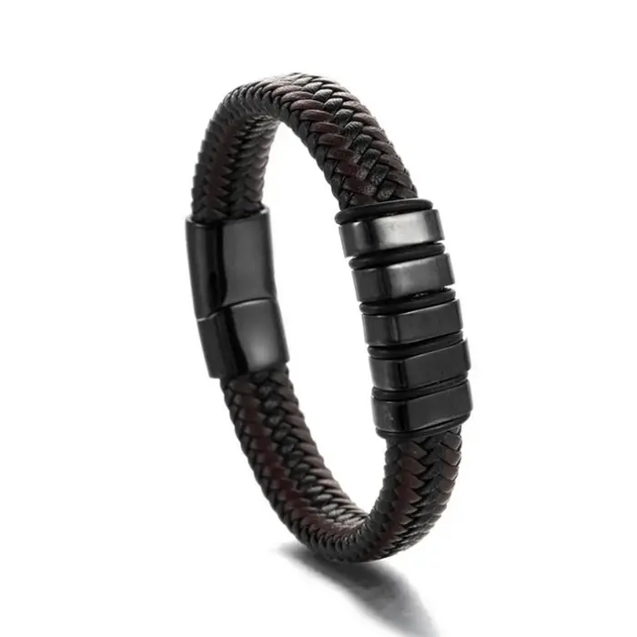 Bracelet pour homme en cuir noir tressé de luxe