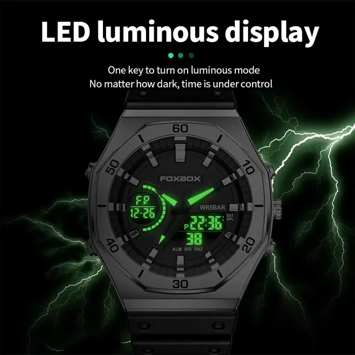 FOXBOX nouvelles montres à double affichage pour hommes sport décontracté chronographe Quartz grand cadran montre-bracelet Silicone étanche horloge numérique