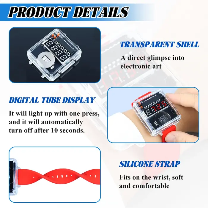 Kit de montre électronique à monter soi-même, affichage numérique LED créatif, boîtier Transparent 3V, soudage pratique, Kit de bricolage électronique
