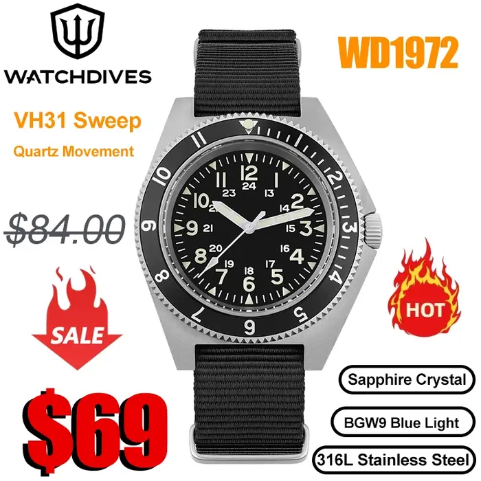 Watchdives-Montre-bracelet à quartz étanche, WD1972, VH31, mouvement à la seconde de balayage, cristal saphir, BGW9 Shoous, 20 bars