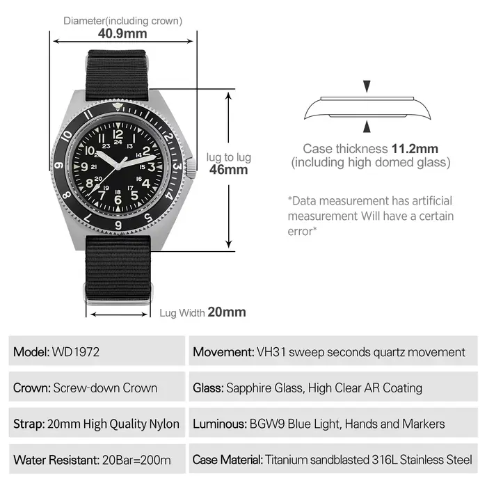 Watchdives WD1972 montre à Quartz VH31 balayage secondes mouvement saphir cristal BGW9 lumineux 20Ba
