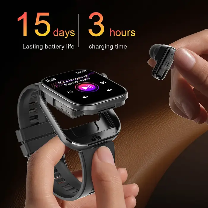 Montre connectée Rainbuvvy T99 TWS avec écouteurs intégrés, écran HD IPS de 2,02 pouces, montre connectée 3-en-1 avec appels Bluetooth sans fil