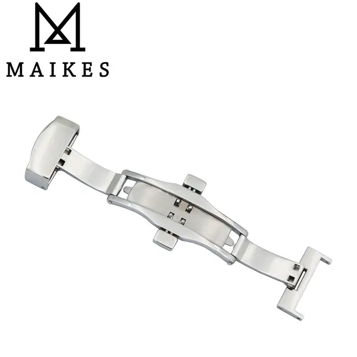 MAIKES-Bracelet de montre avec déploiement de papillon argenté, fermoir à double bouton-poussoir, ac