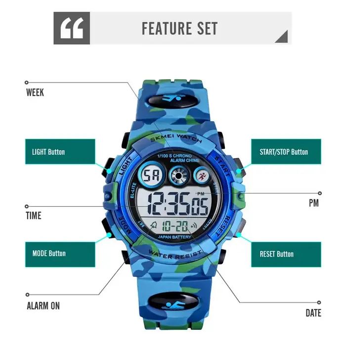 SKMEI enfants LED montre numérique électronique chronomètre horloge 2 temps
