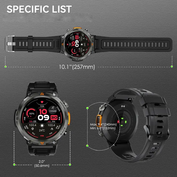EIGIIS montre intelligente militaire pour hommes avec LED 1.45 " Smartwatch extérieur avec appels Bluetooth moniteur de fréquence cardiaque et de sommeil traqueur d'activité physique