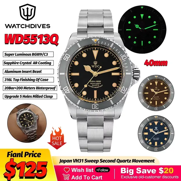 Watchdives WD5513Q Montre de plongée à quartz VH31 Mouvement à balayage Saphir Étanche 20 bars Lunette en aluminium 40 mm Montres vintage en acier inoxydable
