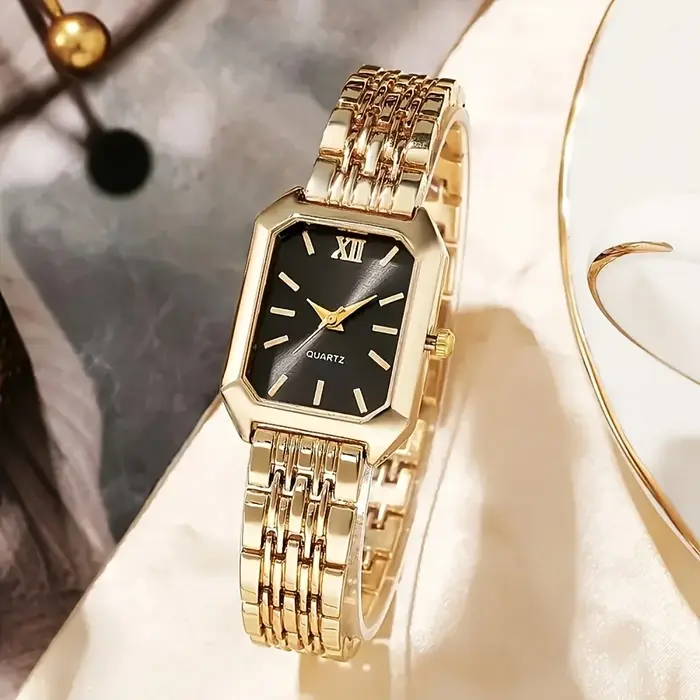 Montre de luxe élégante pour femmes, boîtier doré, bracelet en acier, mouvement à Quartz avec chiffres romains, accessoire de mode pour dames