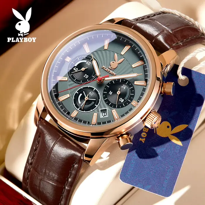 PLAYBOY 3305 Montres originales et authentiques de marque pour homme, bracelet en cuir de luxe, chro