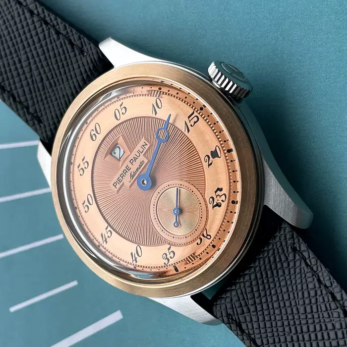 Pierre Paulin montre d'heure sautante pour hommes anneau en Bronze Vintage cadran saumon montres automatiques Reloj Hombre