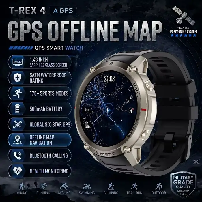Nouvelle montre connectée GPS avec carte hors ligne, écran AMOLED 1,43'', boussole intégrée, altimèt