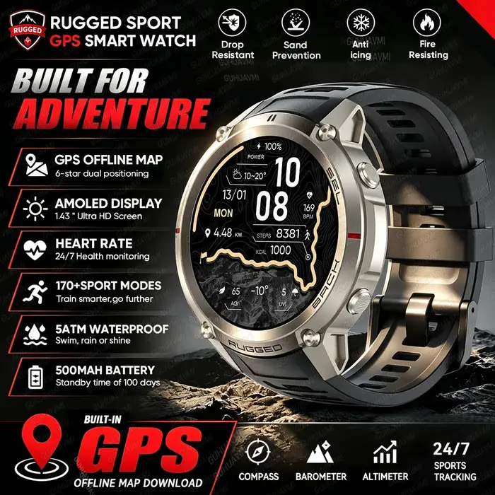 Montre connectée GPS pour triathlon en plein air, carte hors ligne, positionnement 6 étoiles, étanch