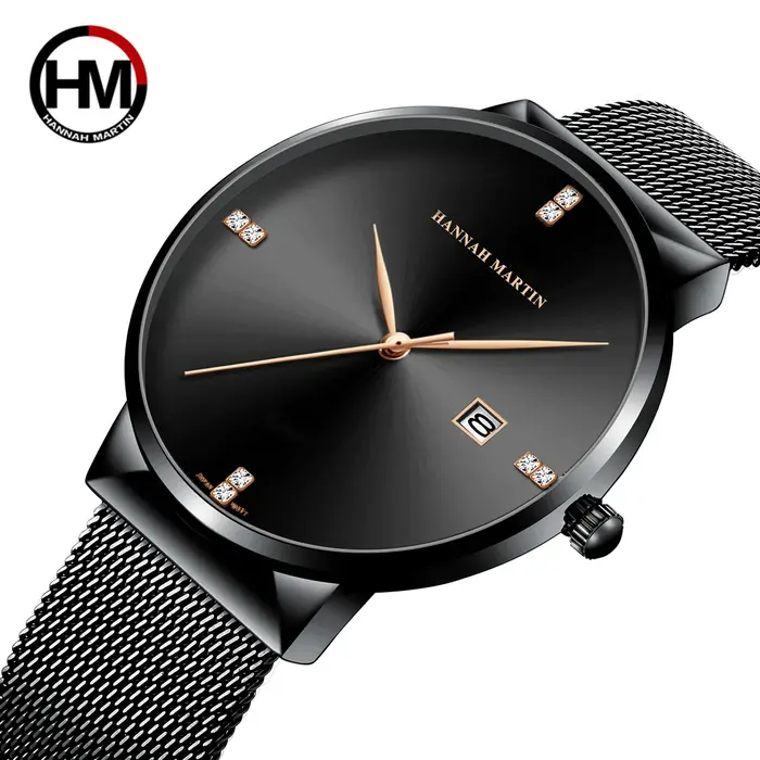 Hannah Martin montre pour hommes avec mouvement importé japonais affaires en acier inoxydable maille ceinture 3Bar