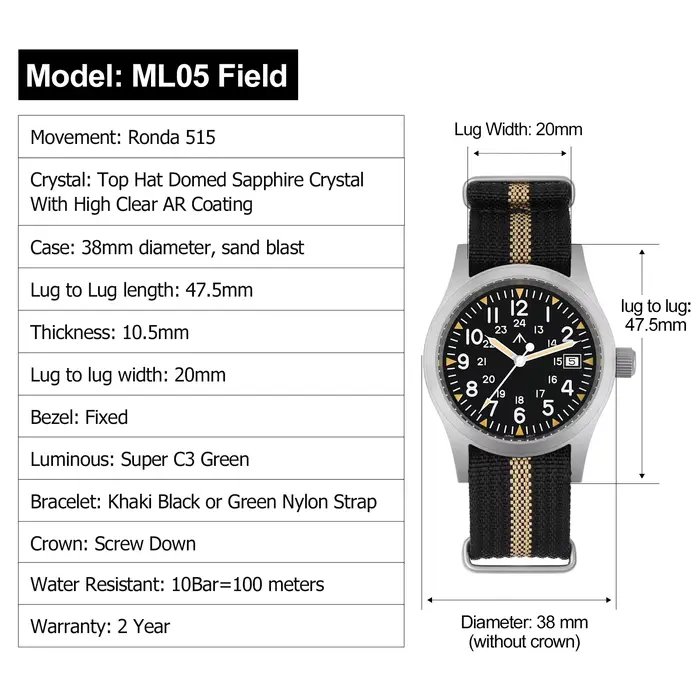 Militado ML05 38mm montre de terrain militaire Ronda 515 mouvement à Quartz dôme saphir cristal étanche 100M montres Super lumineuses