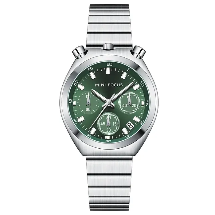 Montre MINI FOCUS en quartz argent et vert pour femme, bracelet en acier inoxydable, chronographe, a