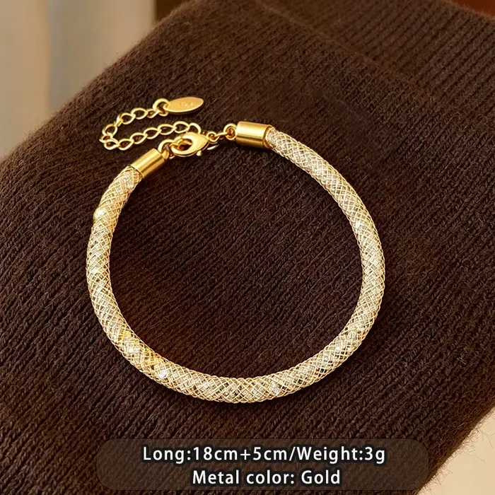 Nouveau Bracelet en Maille Métallique Dorée Incrusté de Zircone pour Femme