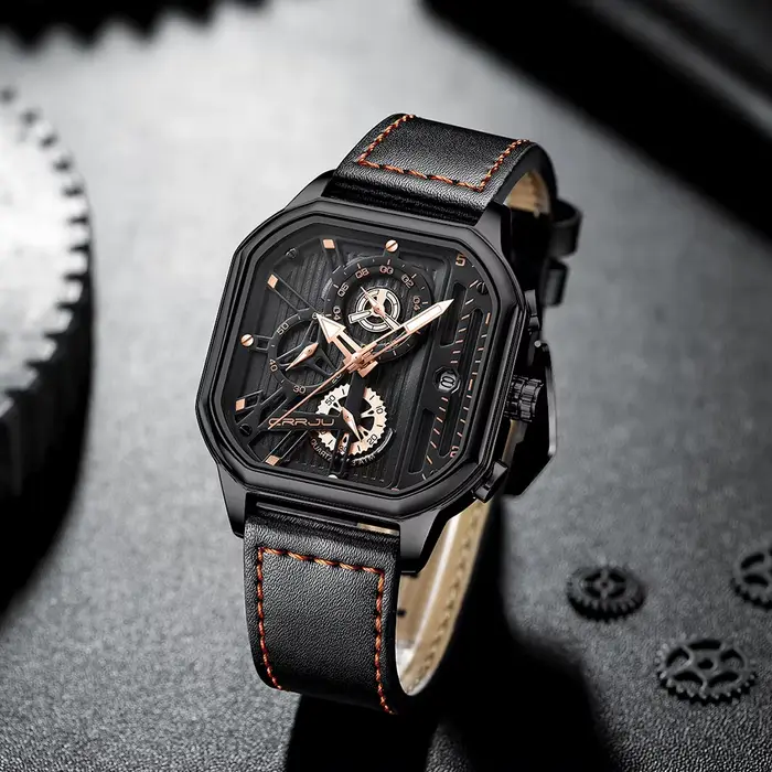 CRRJU mode cadran carré en cuir hommes montres de luxe Sport montre étanche Homme chronographe Quartz