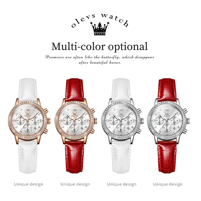 OLEVS 9933 montres pour femmes marque de luxe diamant Quartz montre-bracelet étanche lumineux bracelet en cuir multifonction dames montre