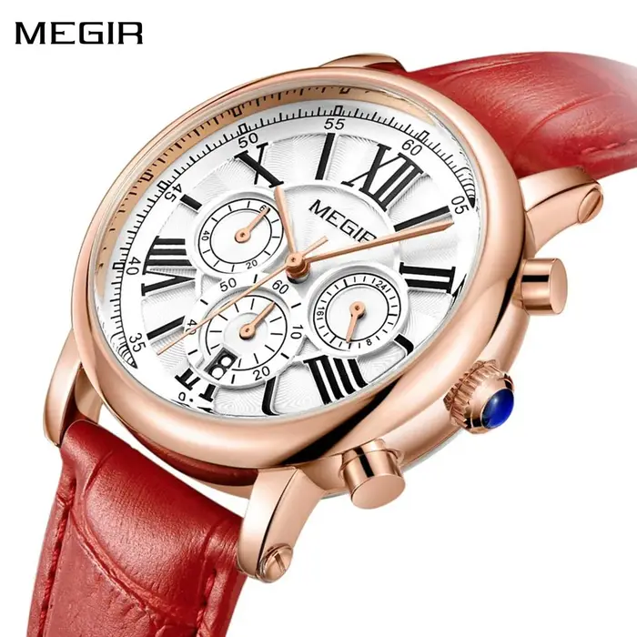 MEGIR femmes montres de luxe Quartz chronographe bracelet en cuir dames sport montre-bracelet femme robe horloge 24 heures Reloj Mujer 2058