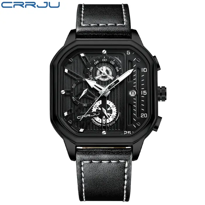 CRRJU mode cadran carré en cuir hommes montres de luxe Sport montre étanche Homme chronographe Quartz