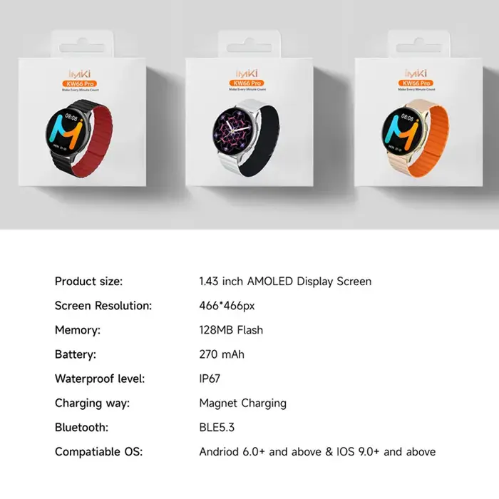 Montre connectée IMIKI KW66 Pro avec écran AMOLED HD de 1,43 pouces, batterie de 270 mAh, étanche, pour le sport, avec suivi de la fréquence cardiaque et appels Bluetooth