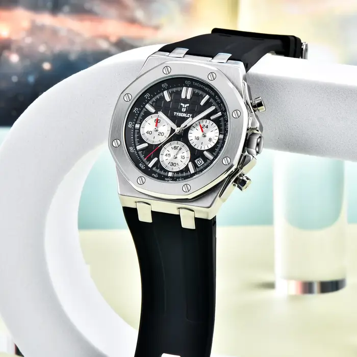 Montre Homme TYBERLEY Classique Style Chêne à Quartz, Design Octogonal, Bracelet en Caoutchouc Lumineux, Étanche, Idéale pour le Sport et les Affaires, Parfaite pour les Trajets Quotidien