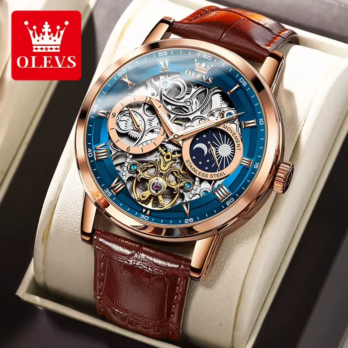 OLEVS Top marque hommes squelette montre mécanique étanche bracelet en cuir