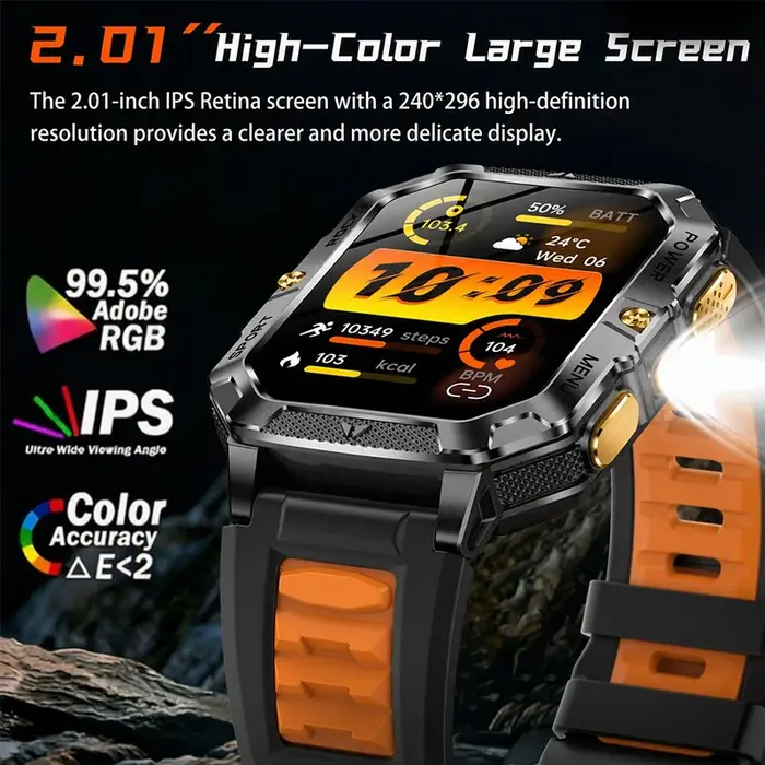 Montre connectée d'extérieur avec écran HD de 2,01 pouces, batterie de 1400 mAh, étanche IPX8, plus de 120 modes sportifs, appels BT5.3, lampe de poche LED, moniteur de santé.