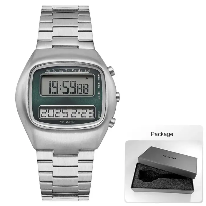 Montre-bracelet numérique rétro unisexe, double affichage, bracelet en acier inoxydable, pour hommes