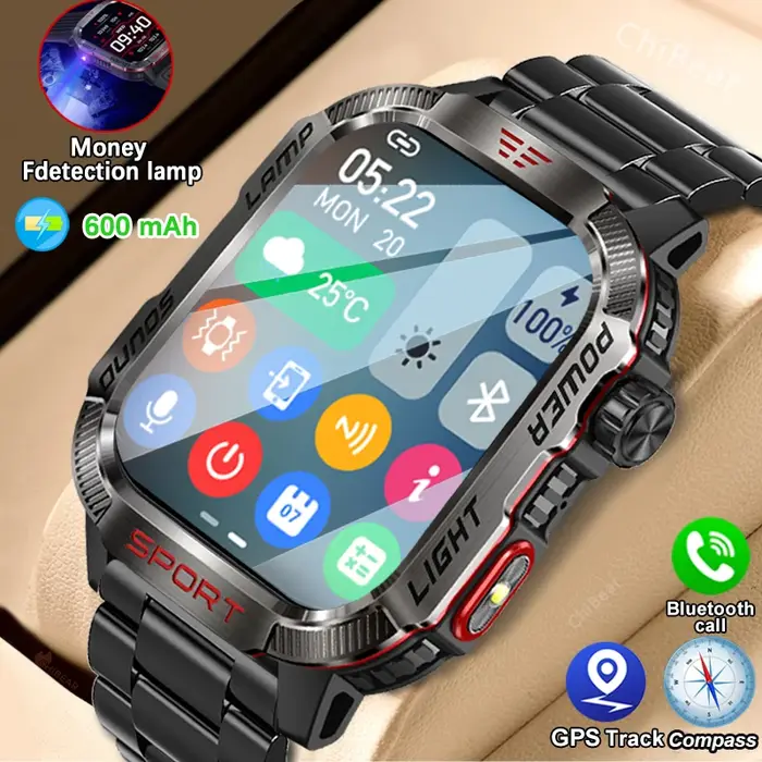 GPS Sport de plein air lumière LED Smartwatch hommes 600mAh grande batterie fonction de vérification de trésorerie Bluetooth appel montre intelligente